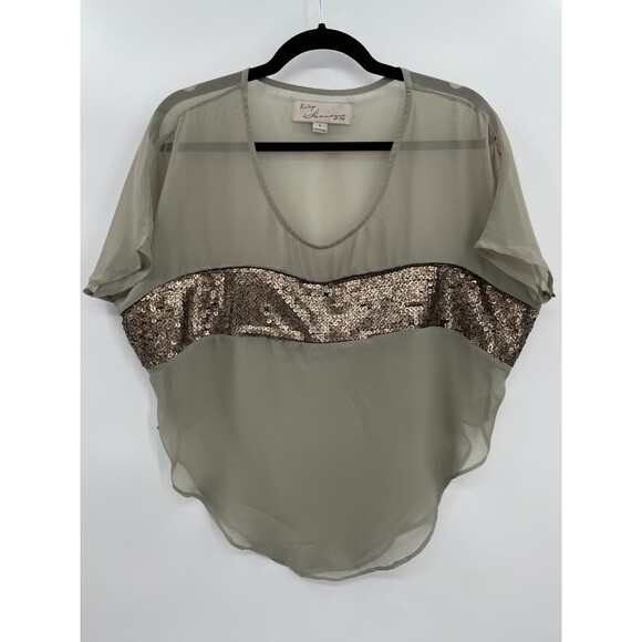 VINTAGE HAVANA Gray Gold Sheer Short Sleeve Oversized Sequin Detail Top Size S - Picture 1 of 3